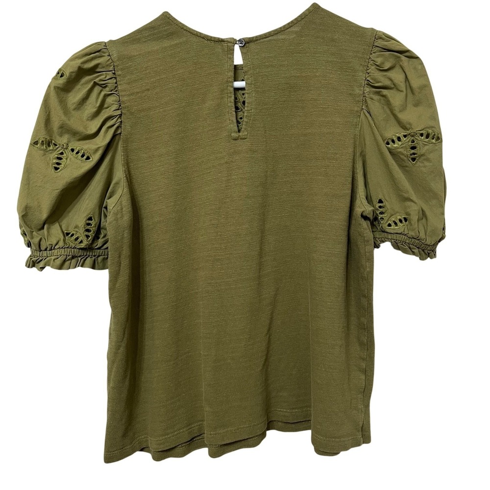 Loft Women's Blouse Sz Small Army Green Eyelet Puff Sleeves Cottage Core - Picture 2 of 6